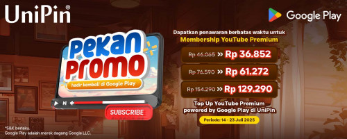 [Penawaran Terbatas] Pekan Promo Kembali Hadir, Beli Membership YouTube Premium Powered by Google Play di UniPin – Raih Potongan Harga Eksklusif s/d 25.000!